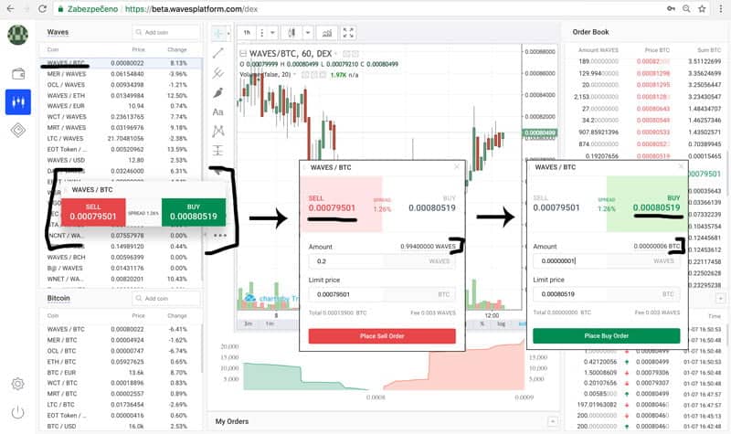 Waves DEX nákup - wallet