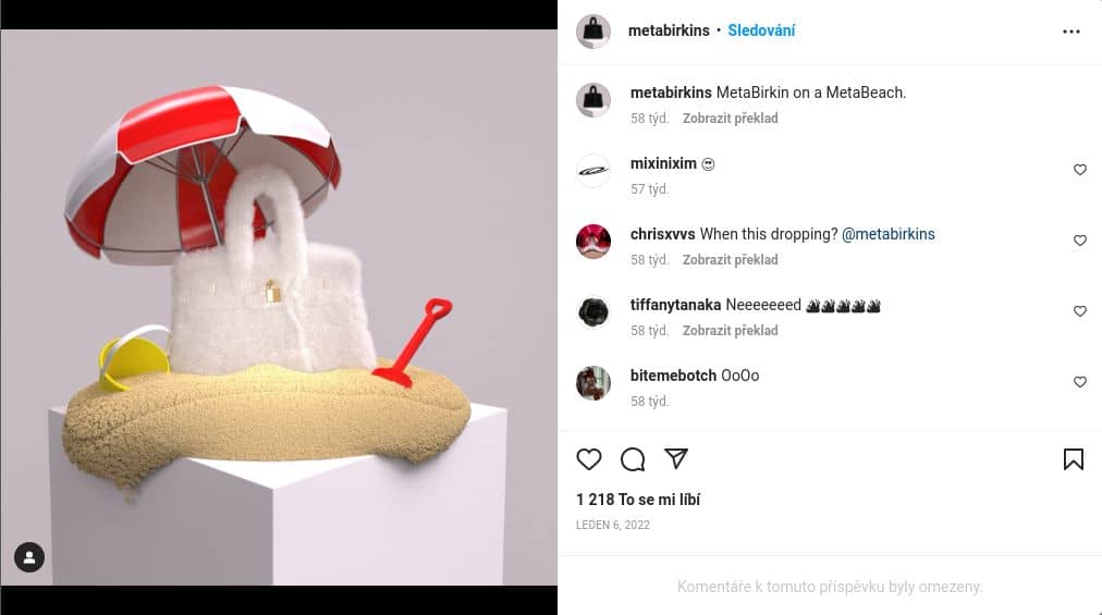 Kolekce NFT byla z OpenSea odstraněna. Můžete si jí stále prohlédnout na Instagramu nebo webu MetaBirkins.com (zdroj: Instagram).