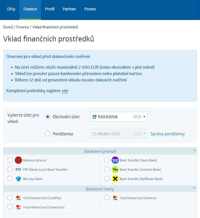 Vklad finančních prostředků na Robomarkets