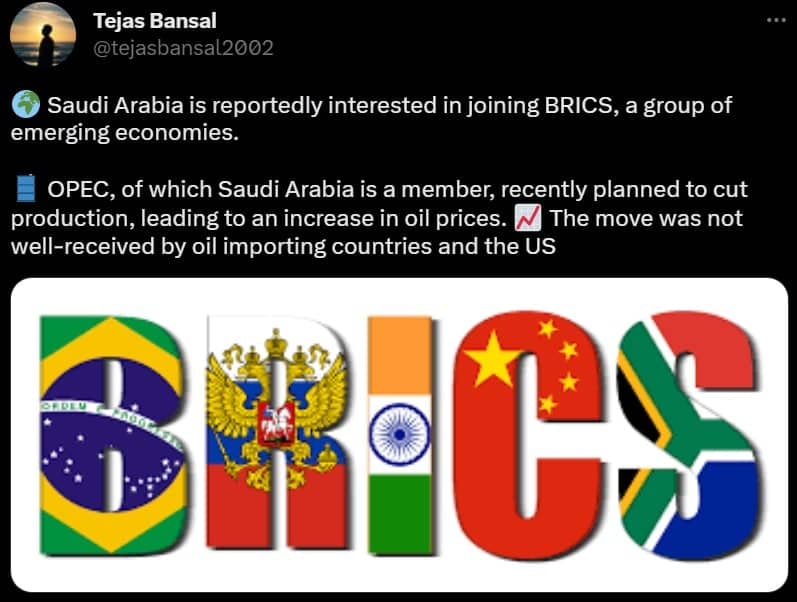 Odtržení zemí BRICS od amerického doláru, Zdroj: Twitter