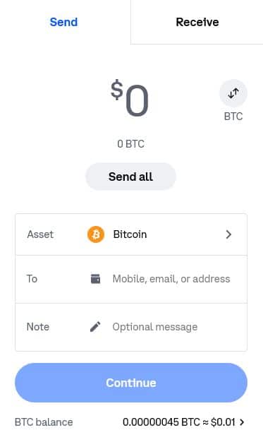 Okno pro odeslání/příjem kryptoměn na platformě Coinbase.
