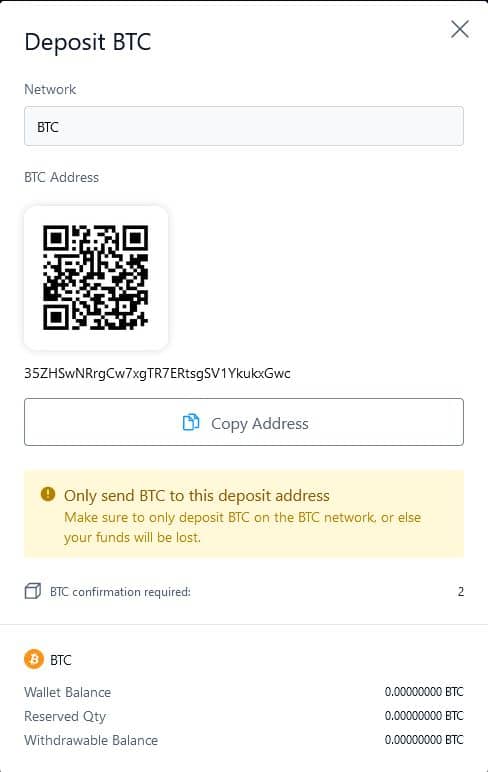 Okno s adresou vaší Crypto.com BTC peněženky