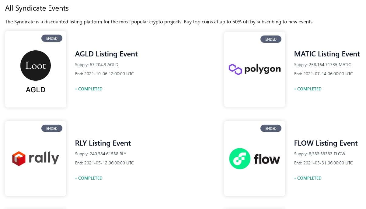 Ukázka některých proběhlých událostí v rámci Syndicate na crypto.com