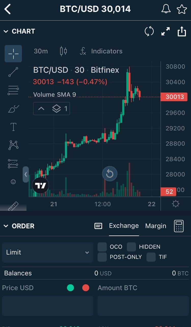 Verze Pro a rozhraní vybraného páru v mobilní aplikaci Bitfinex. Zdroj: Bitfinex