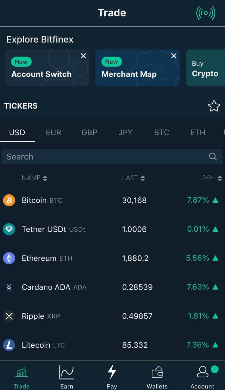 Rozhraní mobilní aplikace Lite Bitfinex