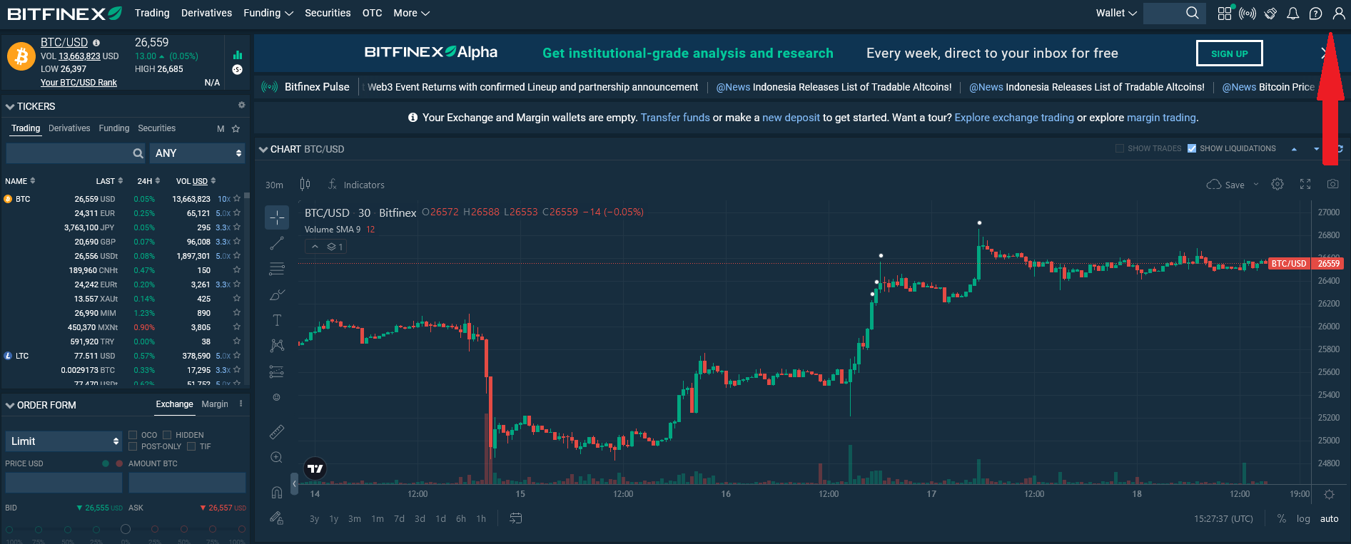 Pro ověření identity na burze Bitfinex je nutné přejít do nastavení vašeho profilu
