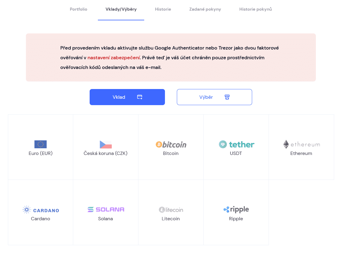 Před provedením prvního vkladu na Coinmate je nutné mít nastaveno dvoufaktorové ověření.