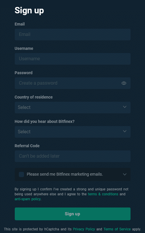Registrační formulář na Bitfinex