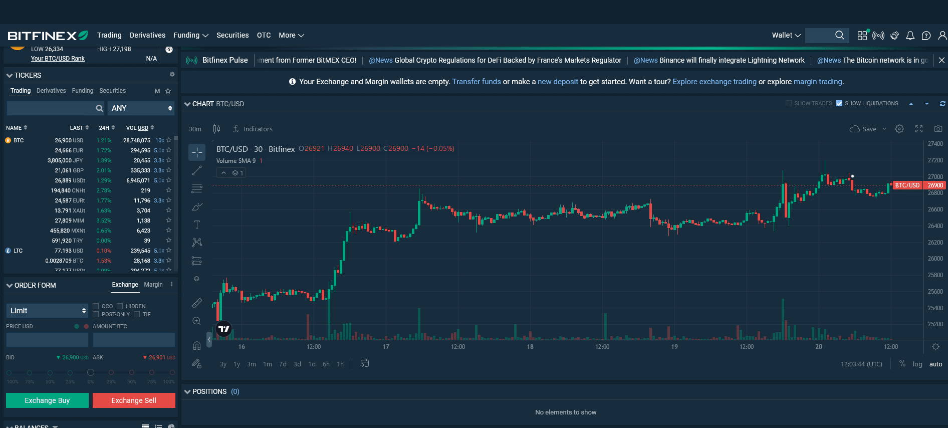 Webová platforma Bitfinex pro obchodování kryptoměnových párů.