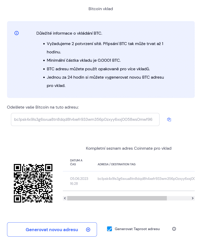 Pro vklad Bitcoinu nebo jiných kryptoměn na Coinmate si můžete vygenerovat novou adresu každých 24 hodin
