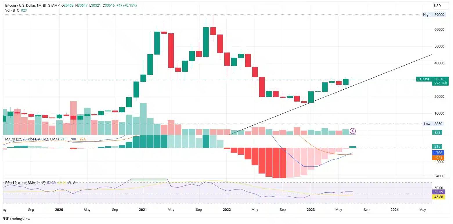 Měsíční graf ceny bitcoinu ukazuje od počátku roku rostoucí trendovou linii (zdroj: TradingView).