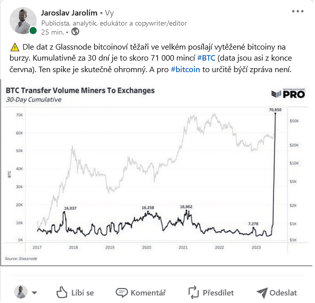Masivní příliv bitcoinů na burzy od těžařů. Zdroj: glassnode.com