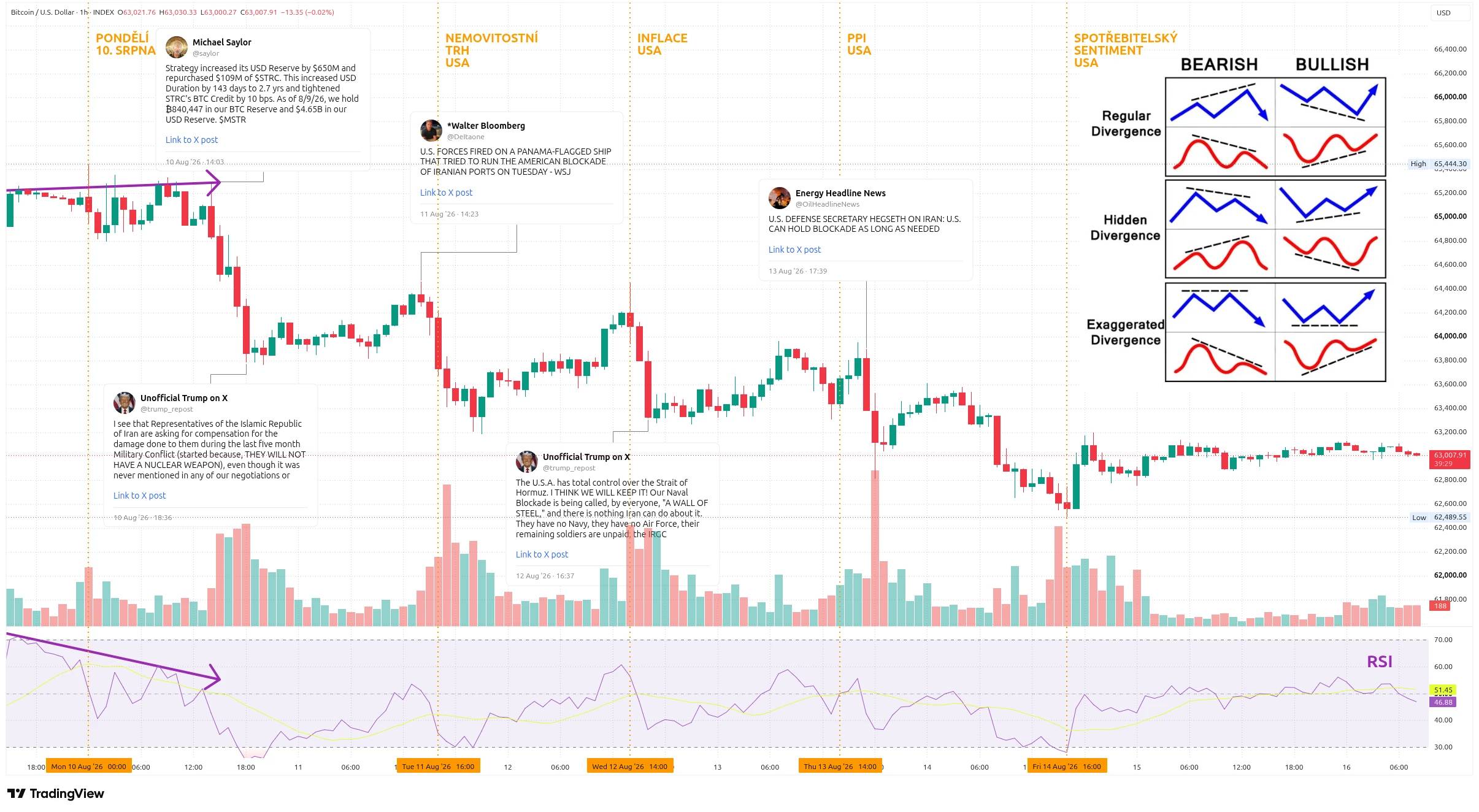 Hodinový graf kurzu ceny bitcoinu s vyznačením důležitých makroekonomických událostí (zdroj: TradingView).