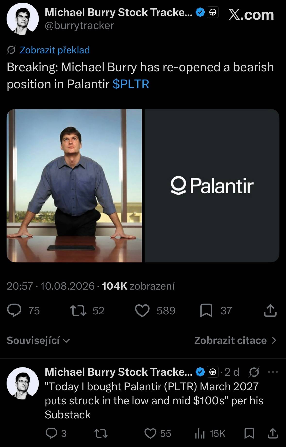 Příspěvek Michaela Burryho na síti X k medvědí pozici na Palantir