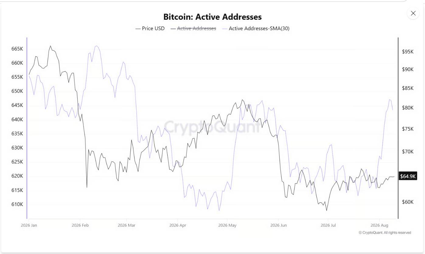 Aktivní bitcoinové adresy se v srpnu výrazně odrazily ode dna. Graf ukazuje prudký růst 30denního průměru, zatímco cena bitcoinu zůstává kolem 65 000 USD.