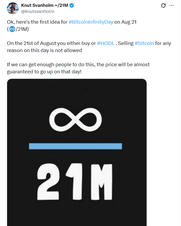 Knut Svanholm připomíná Bitcoin Infinity Day: 21. srpna komunita vybízí k nákupu nebo držení bitcoinu a symbol ∞/21M odkazuje na jeho pevně omezenou nabídku 21 milionů BTC.