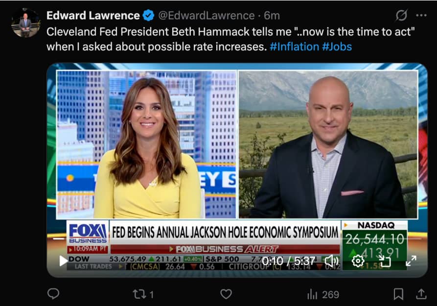 Prezidentka clevelandského Fedu Beth Hammacková naznačuje možnost zvýšení úrokových sazeb. V rozhovoru pro Fox Business uvedla, že podle ní nastal čas jednat v reakci na přetrvávající inflační tlaky. Výrok přichází v době, kdy trhy sledují každé další vyjádření představitelů Fedu před zářijovým zasedáním.
