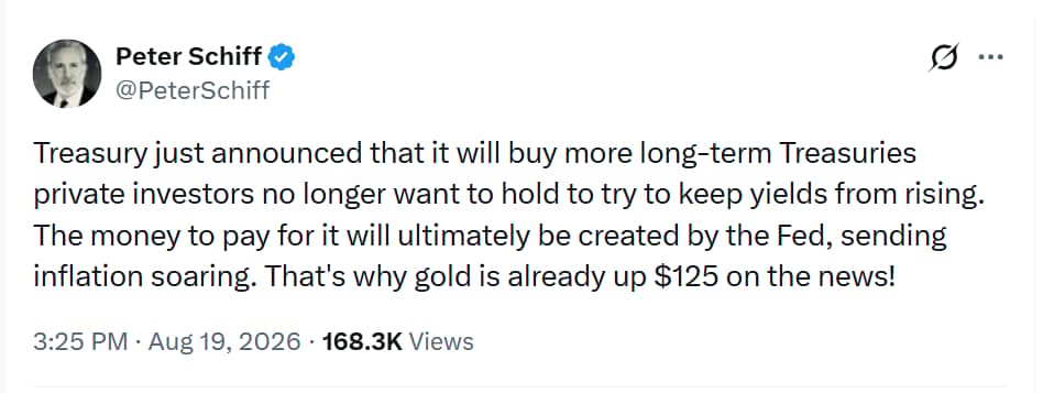 Peter Schiff upozorňuje, že nákupy dlouhodobých amerických dluhopisů ze strany Treasury mohou zvýšit inflační tlaky. Podle něj by tento krok mohl podpořit růst zlata a dalších aktiv, která investoři vnímají jako ochranu před inflací.