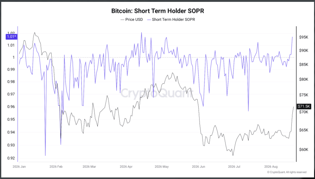 Graf ukazuje vývoj SOPR krátkodobých držitelů bitcoinu, který se nyní dostává k hodnotě kolem 1,01. To naznačuje, že krátkodobí investoři začínají své mince prodávat se ziskem, což může zvyšovat prodejní tlak na trhu.