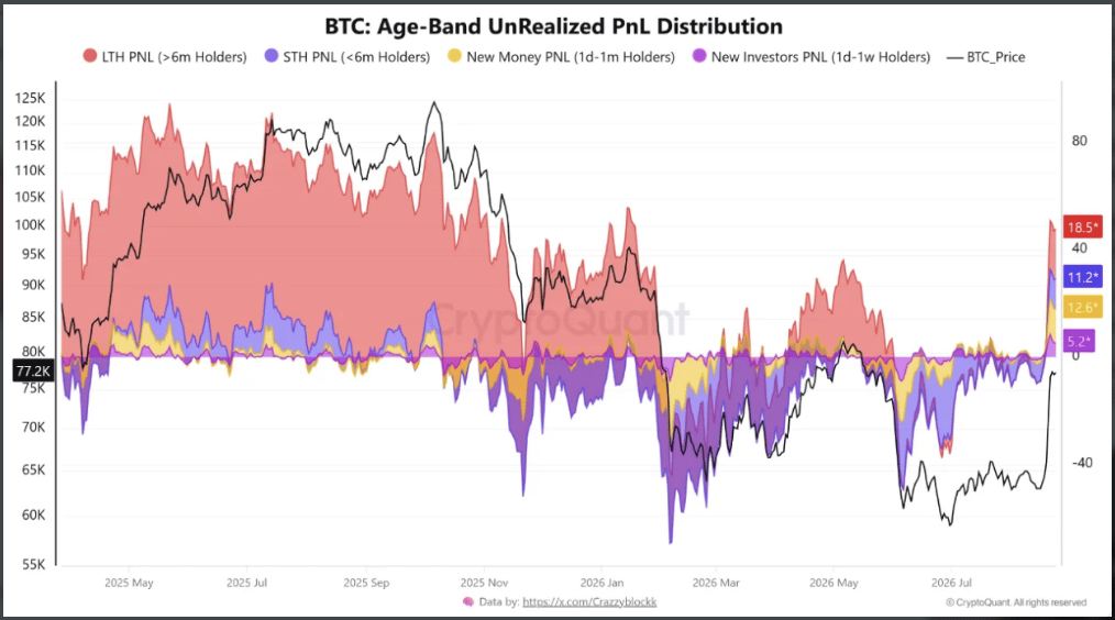 Bitcoinový růst výrazně zlepšil ziskovost investorů. Při ceně kolem 77 200 USD se dlouhodobí držitelé dostali do zisku 18,5 %, krátkodobí držitelé na 11,2 % a noví investoři na 12,6 %. Graf ukazuje, že poslední růst rychle obnovil ziskovost napříč hlavními skupinami držitelů BTC.