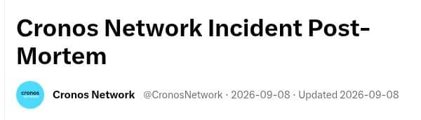 Hlavička oficiální zprávy Cronos Network o incidentu, zveřejněné 8. září 2026