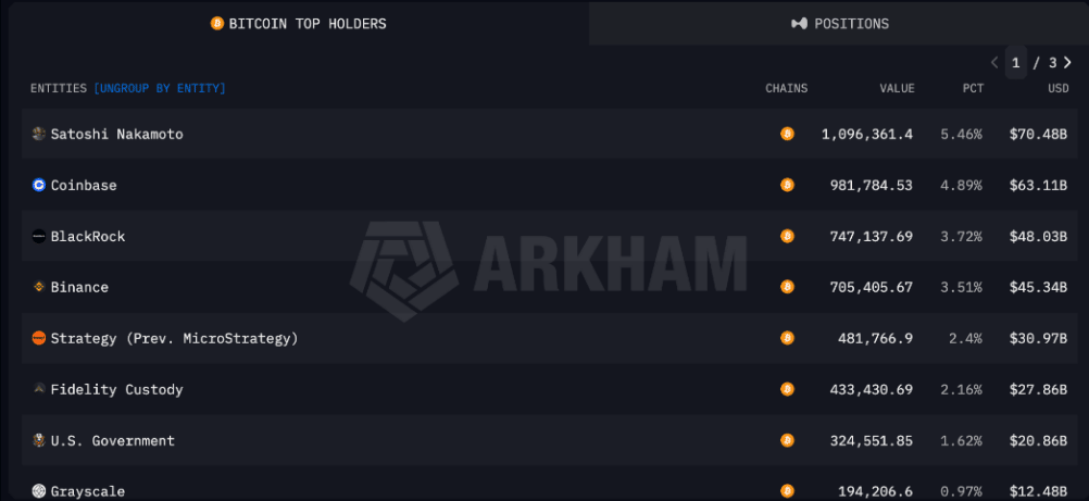 Žebříček Arkhamu ukazuje Satoshiho Nakamota jako největšího známého držitele bitcoinu s přibližně 1,096 milionu BTC, což odpovídá asi 5,46 % nabídky. Podle Arkhamu jsou tyto mince spojovány s takzvaným Patoshi patternem a těžbou přibližně 22 000 raných bloků.