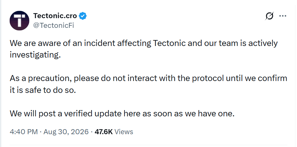 Tectonic po odhalení bezpečnostního incidentu vyzval uživatele, aby dočasně neinteragovali s protokolem, dokud tým neověří, že je opět bezpečné jej používat.