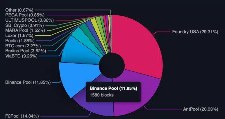 Náhled na současné rozdělení těžařského poolu bitcoinu (zdroj: mempool.space).