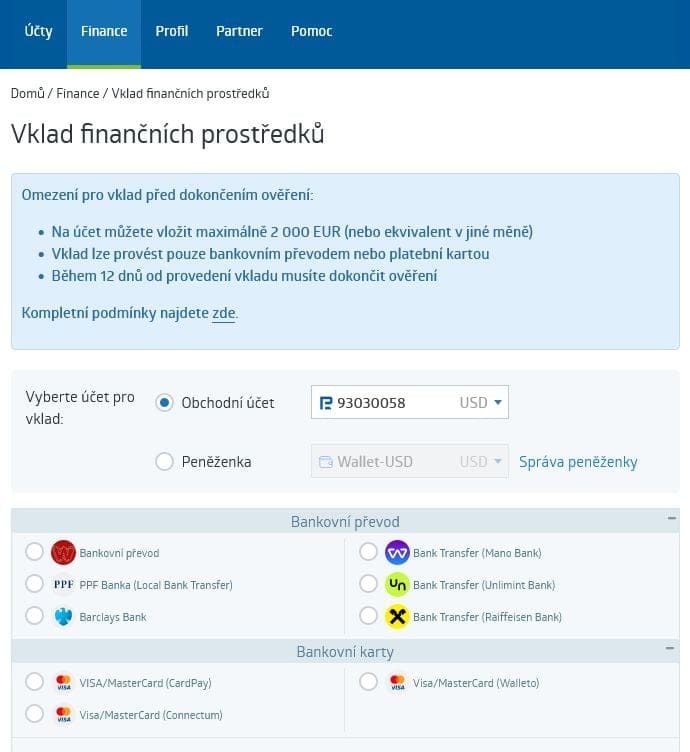 Vklad finančních prostředků na Robomarkets
