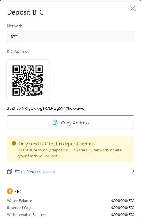 Okno s adresou vaší Crypto.com BTC peněženky