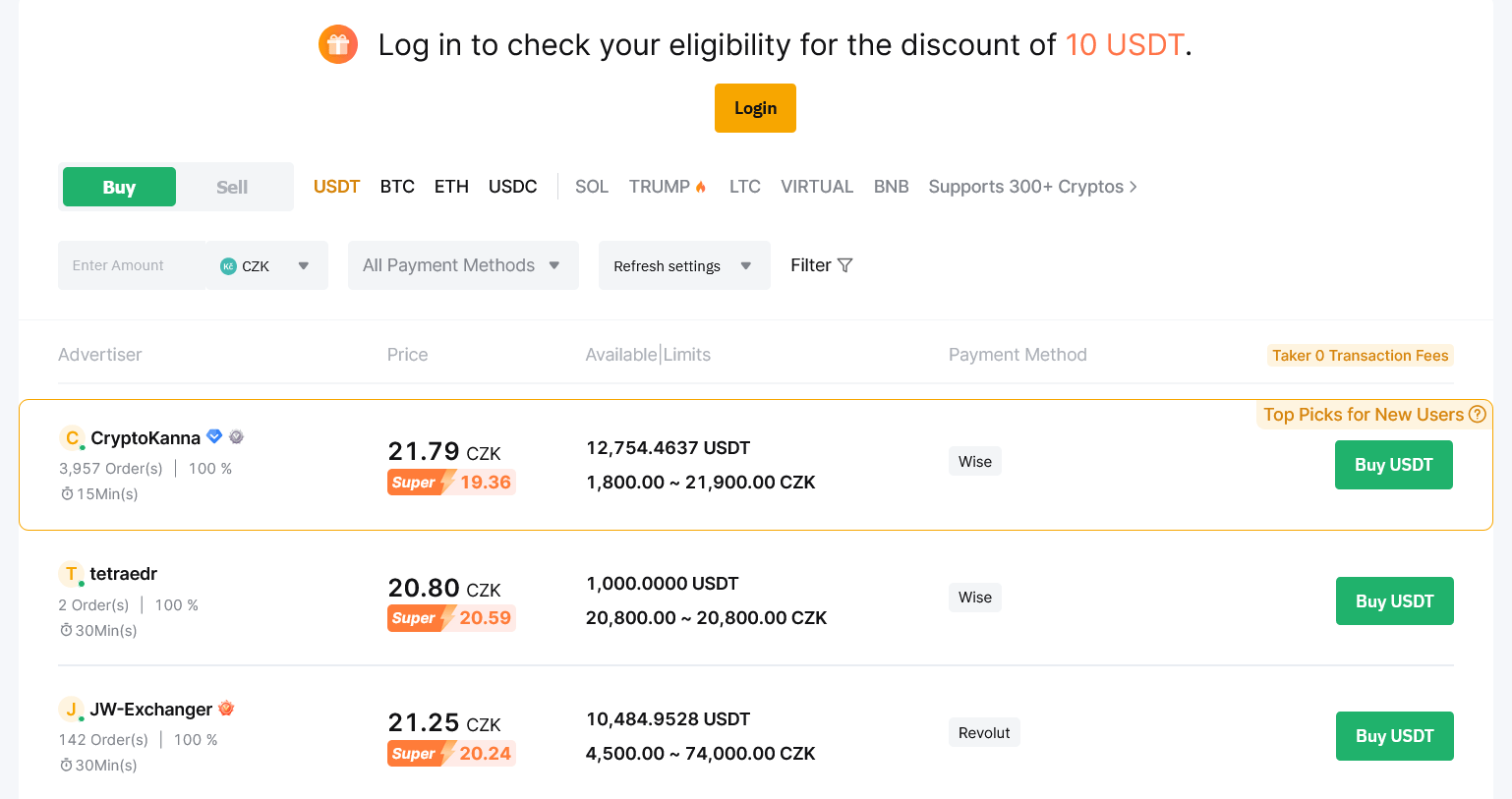 Bybit EU aktuálně P2P nenabízí, nicméně takto toto tržiště vypadá na verzi Bybitu mimo EU. 