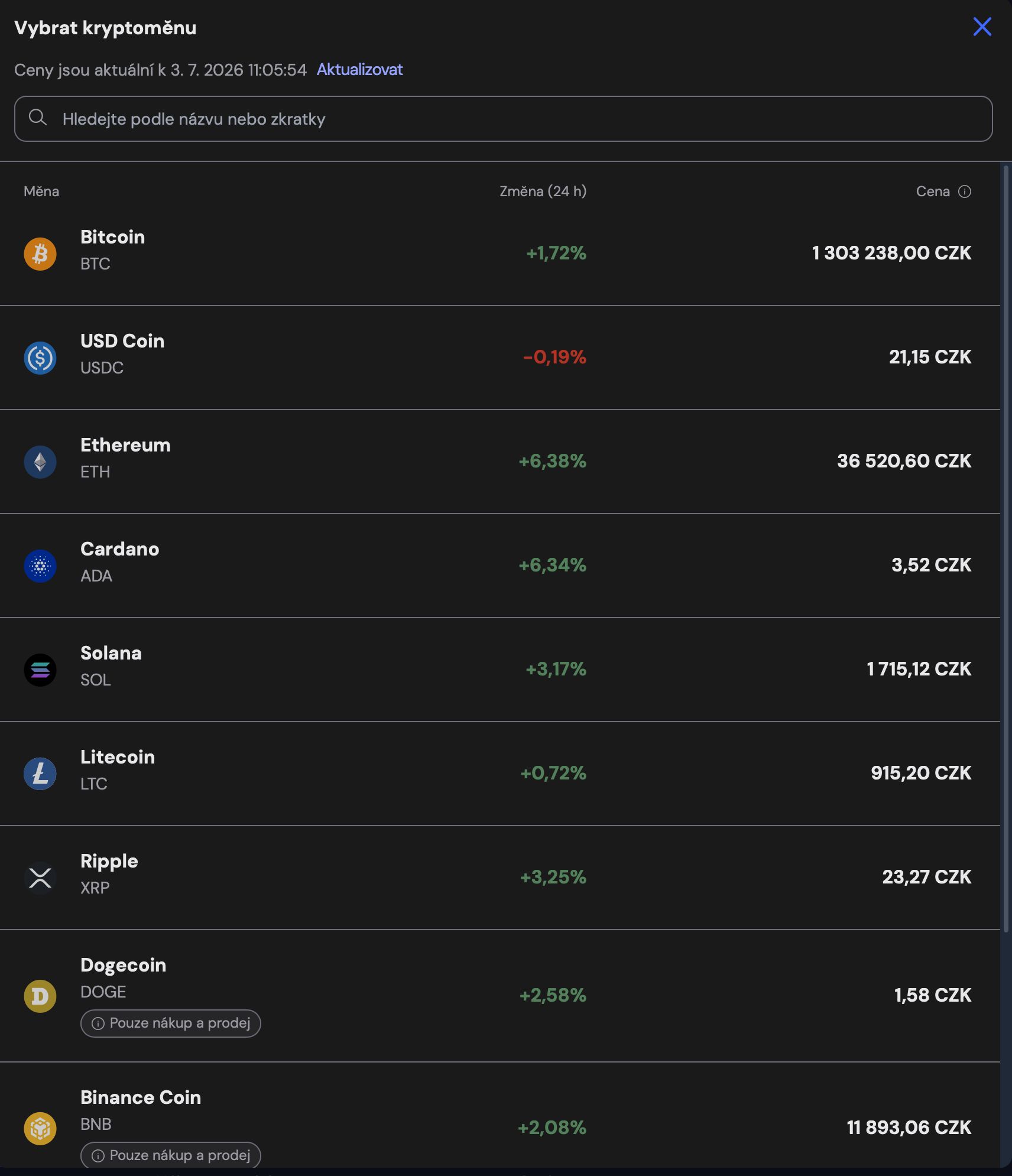 Dostupné kryptoměny pro nákup či prodej na Coinmate. Celkově jich burza nabízí 25. Zdroj: Coinmate