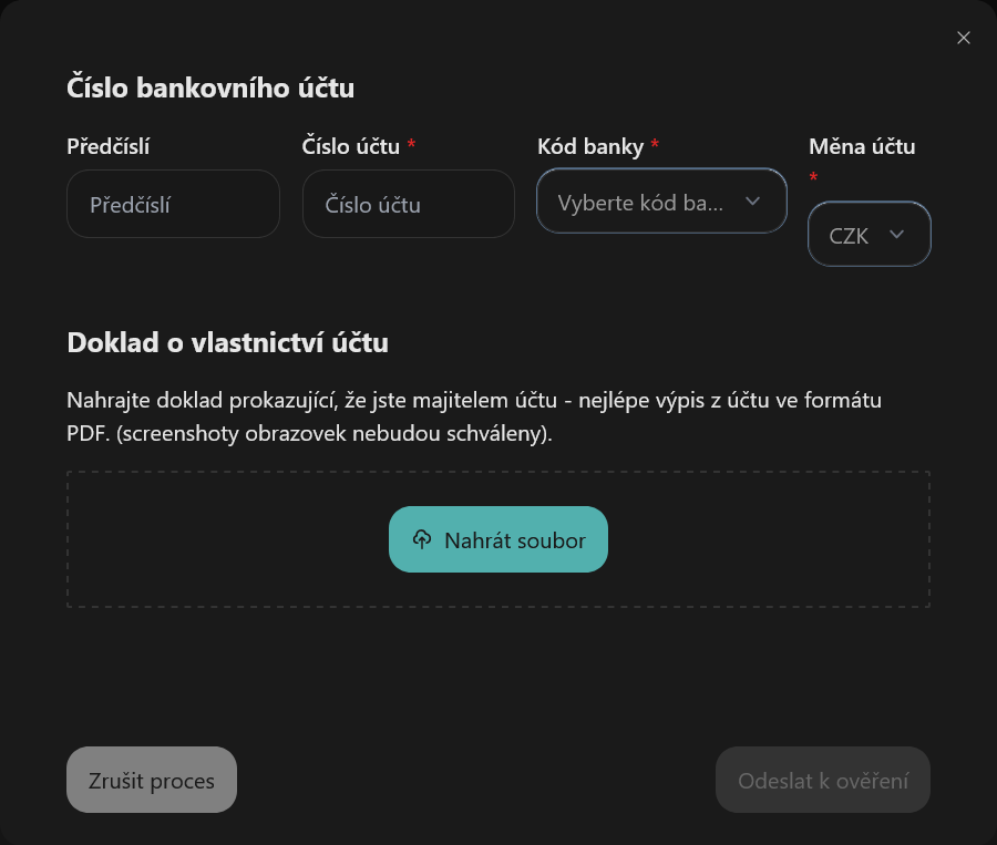 Společně s číslem bankovního účtu je nutné vložit také důkaz o vlastnictví účtu. Zdroj: FastChange