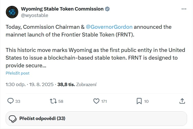 Oznámení o spuštění FRNT v hlavní síti.