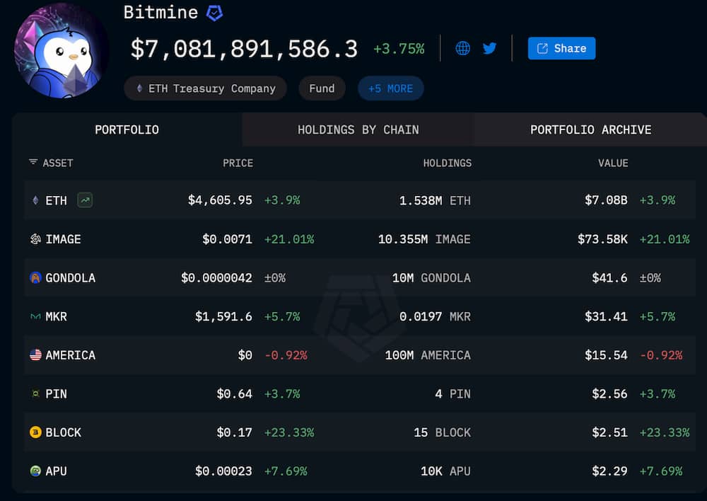 Podíl etherea v portfoliu společnosti Bitmine