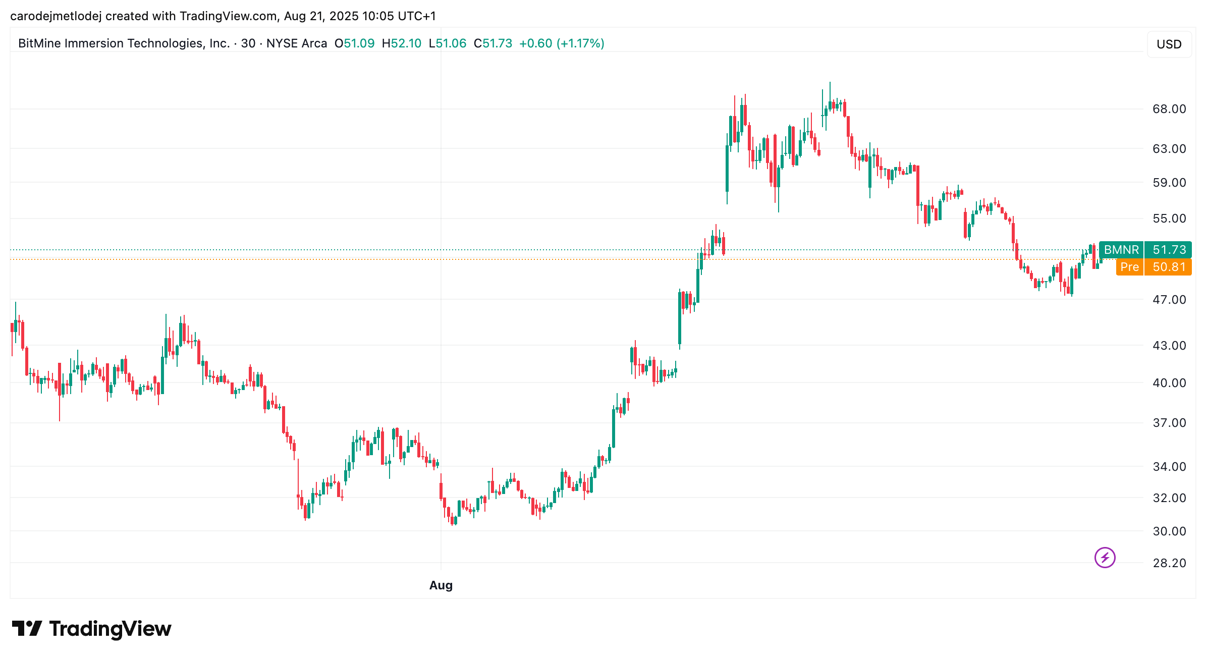 Graf ceny akcií BitMine. 