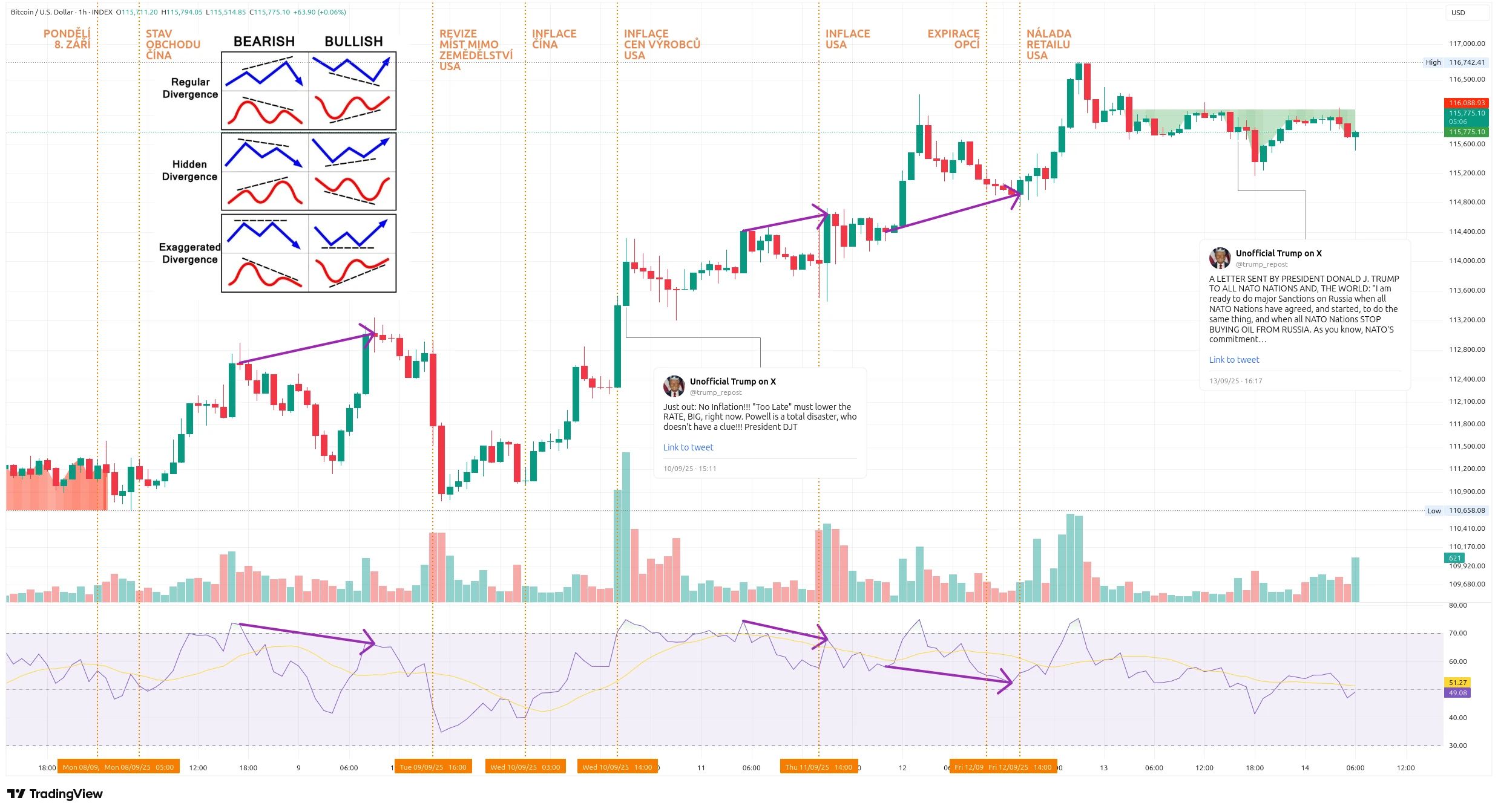 Hodinový graf kurzu ceny Bitcoinu s vyznačením důležitých makroekonomických událostí (zdroj: TradingView).