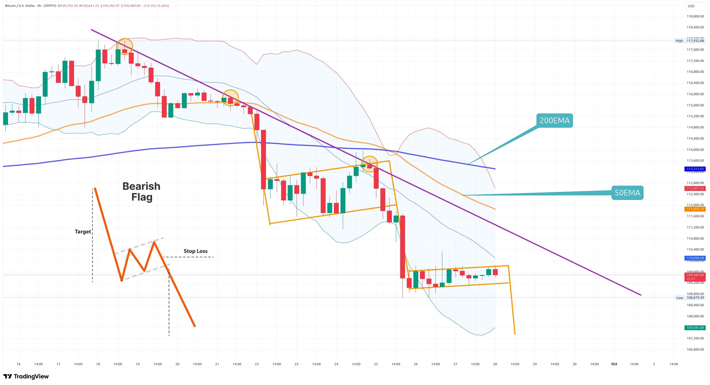 Čtyřhodinový graf kurzu ceny Bitcoinu s potenciální další medvědí vlajkou (zdroj: TradingView).