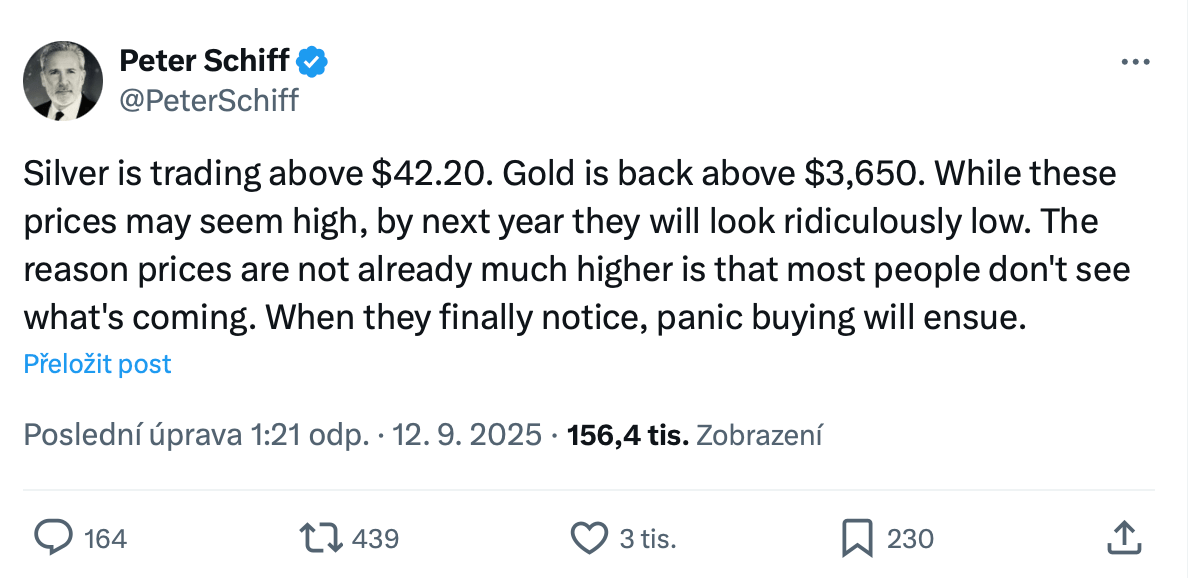 Příspěvek od uživatele Petera Schiffa týkající se ceny stříbra a zlata