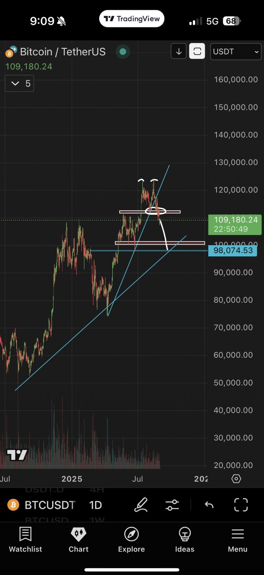 Jednodenní graf BTC / USDT.