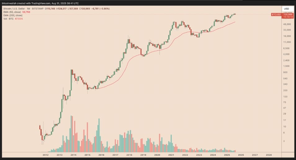Měsíční cenový graf BTC / USD.