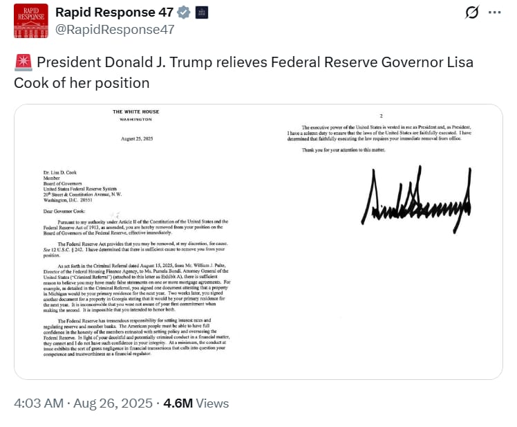 Trump se pokusil odvolat Lisu Cookovou dne 25. srpna s účinností „okamžitě“