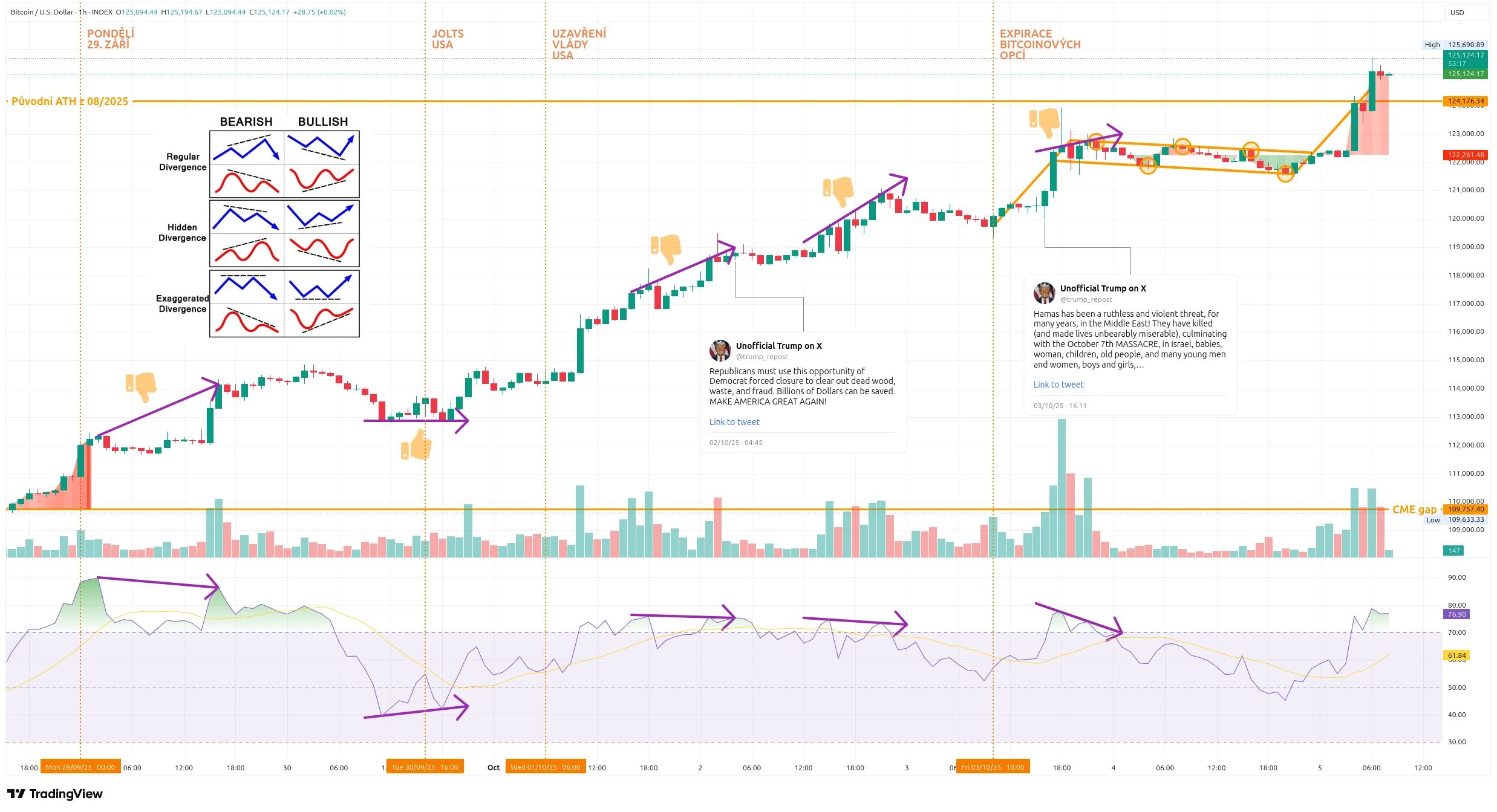 Hodinový graf kurzu ceny Bitcoinu s vyznačením důležitých událostí tohoto týdne (zdroj: TradingView).