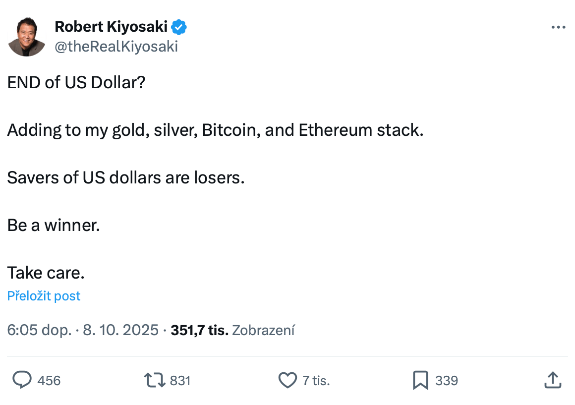 Příspěvek R. Kiyosakiho týkající se konce dolaru a alternativních investic