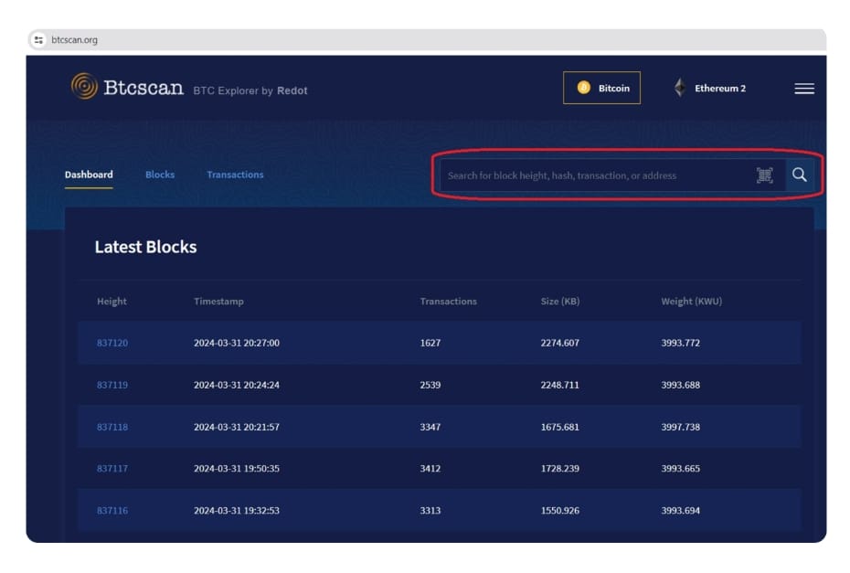 Vyhledávání pomocí průzkumníka blockchainu Bitcoinu.