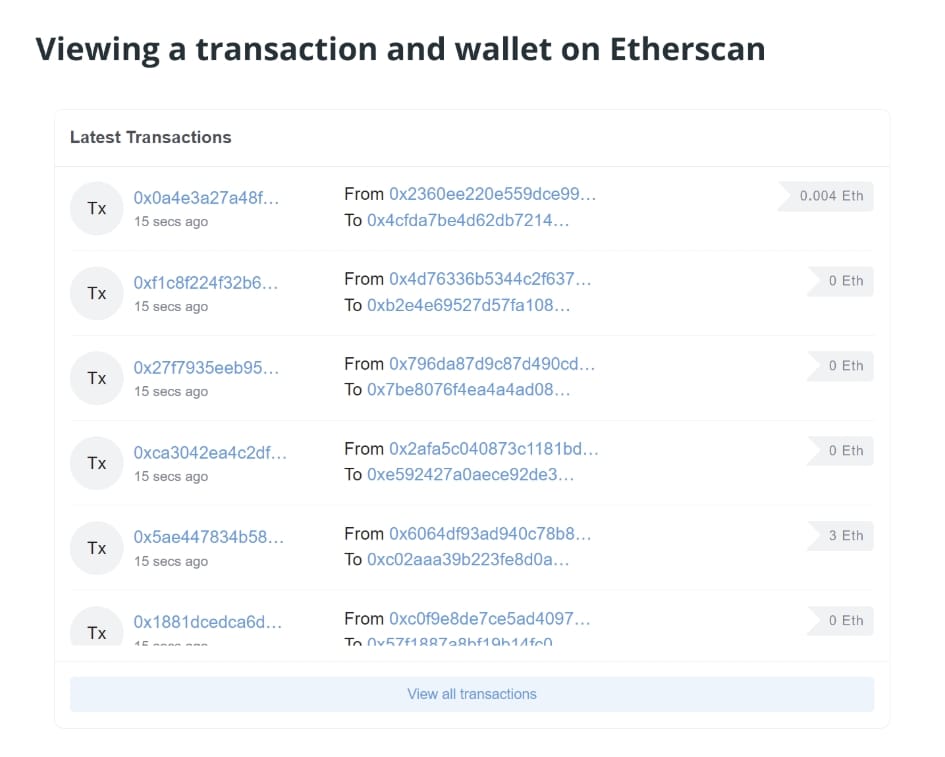 Prohlížení transakcí a peněženek na Etherscan.