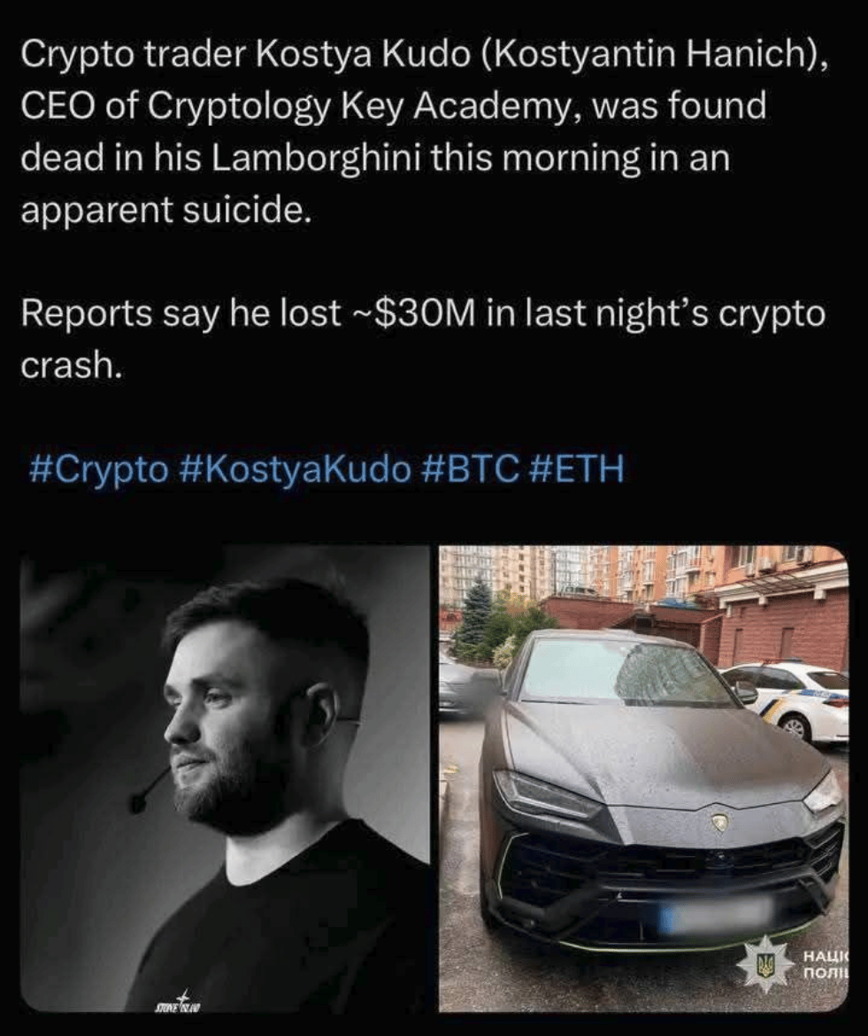 Ukrajinský kryptoměnový obchodník si měl údajné vzít život po pátečním debaklu na kryptoměnovém trhu