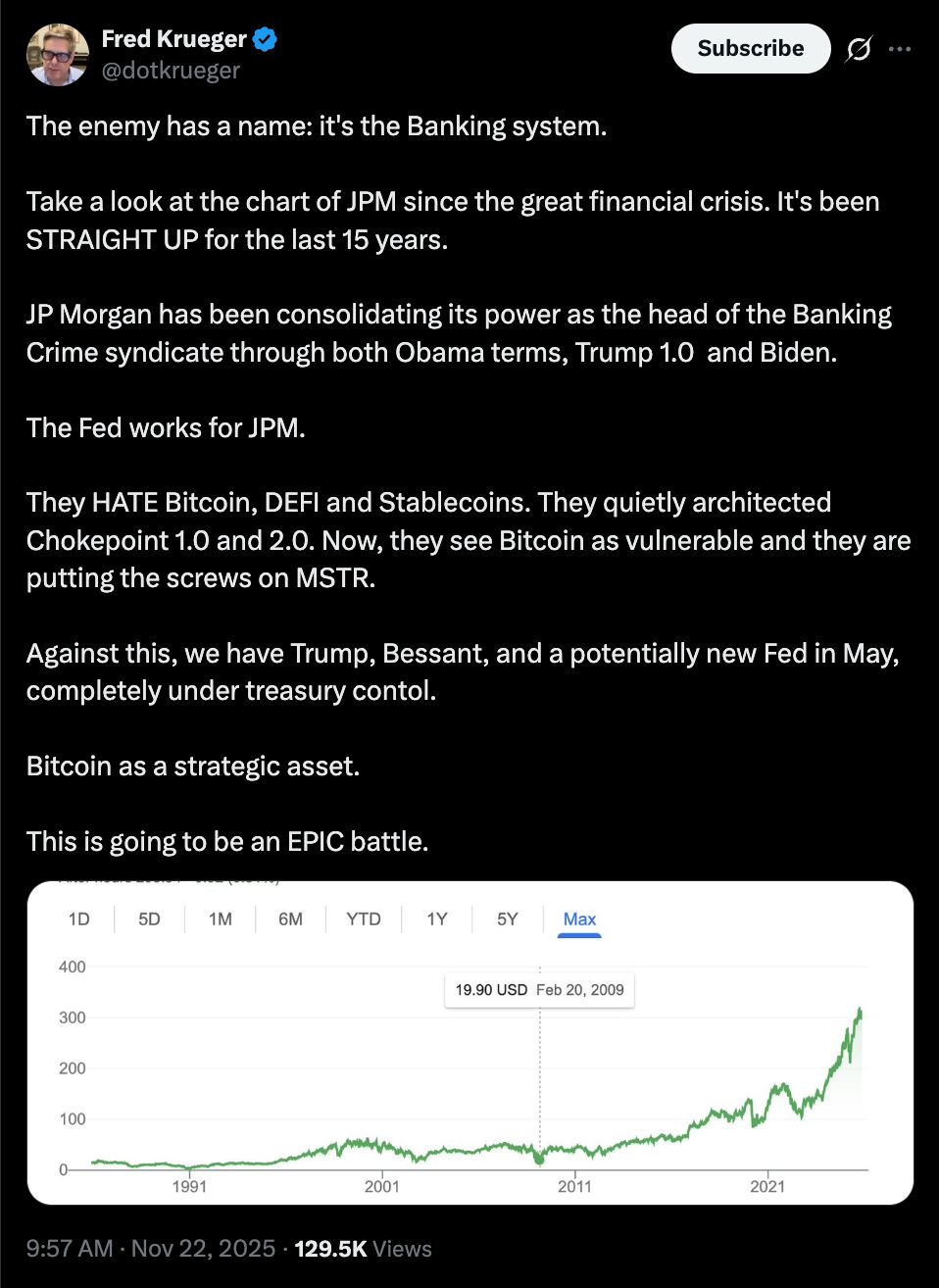 Příspěvek od uživatele Fred Krueger týkající se bankovního systému, který bojuje proti kryptoměnám