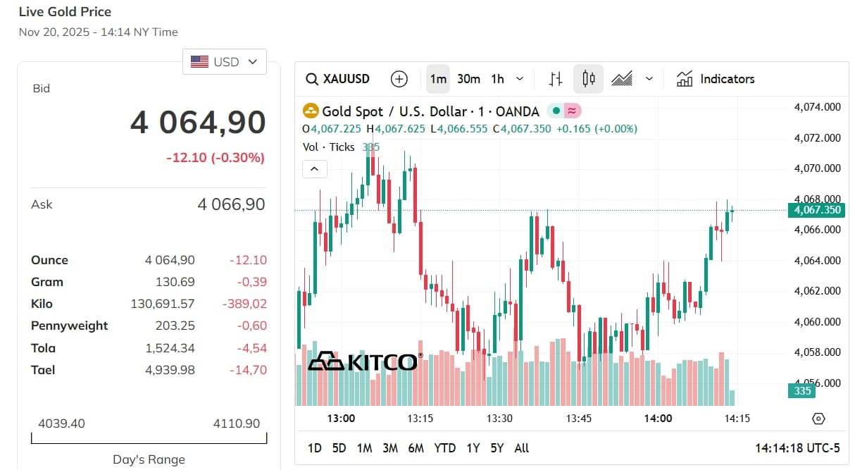 Cenový graf zlata s aktuální cenou 4 064,90 USD.