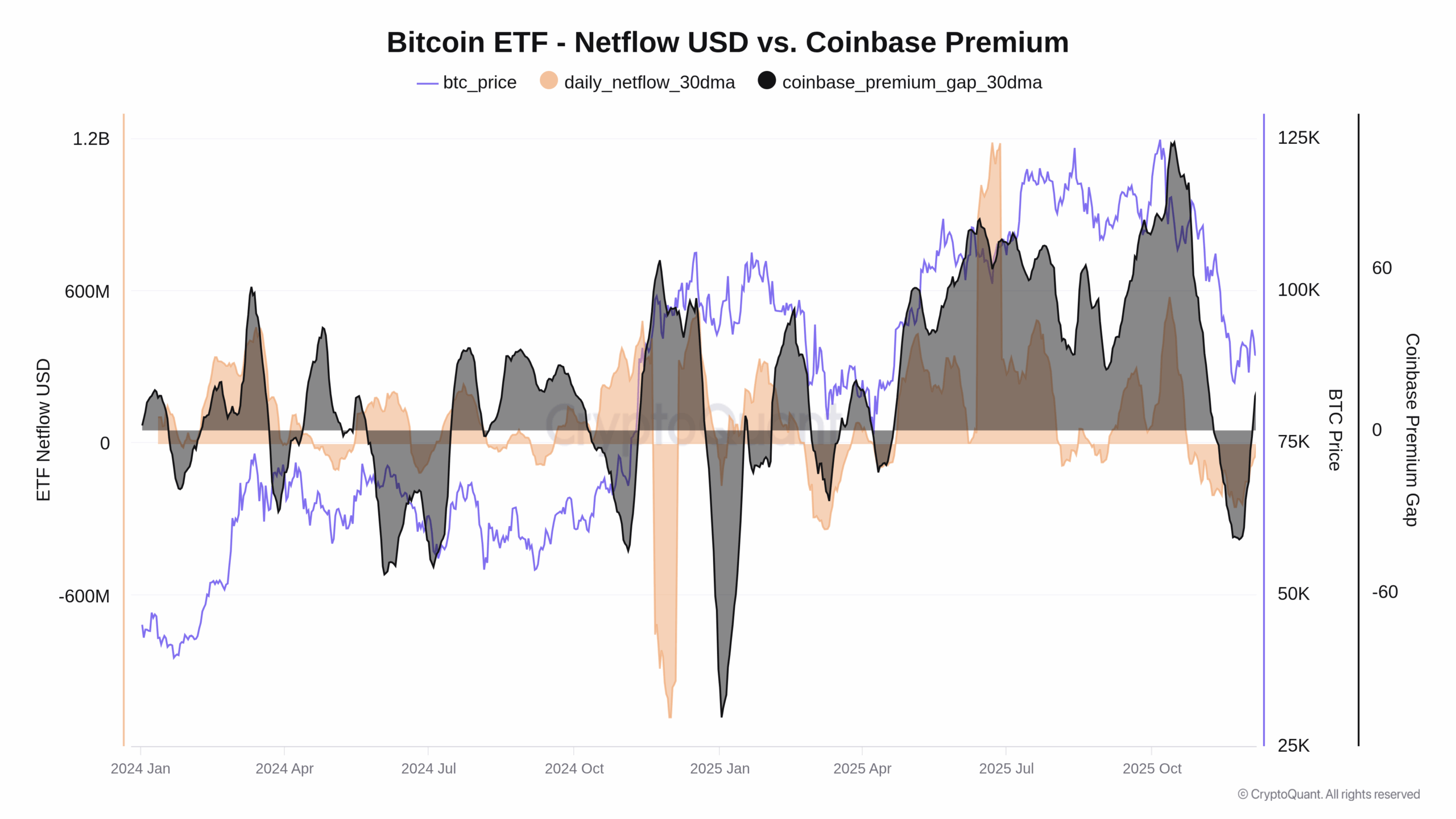 Vývoj 30denního klouzavého průměru spotových ETF a Coinbase Premium od ledna 2024 (zdroj: CryptoQuant).